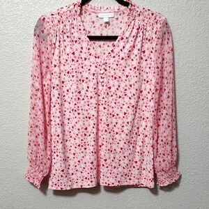 Charter Club Heart Print Pink Patterned Women's Smocked Detail Blouse Top XS